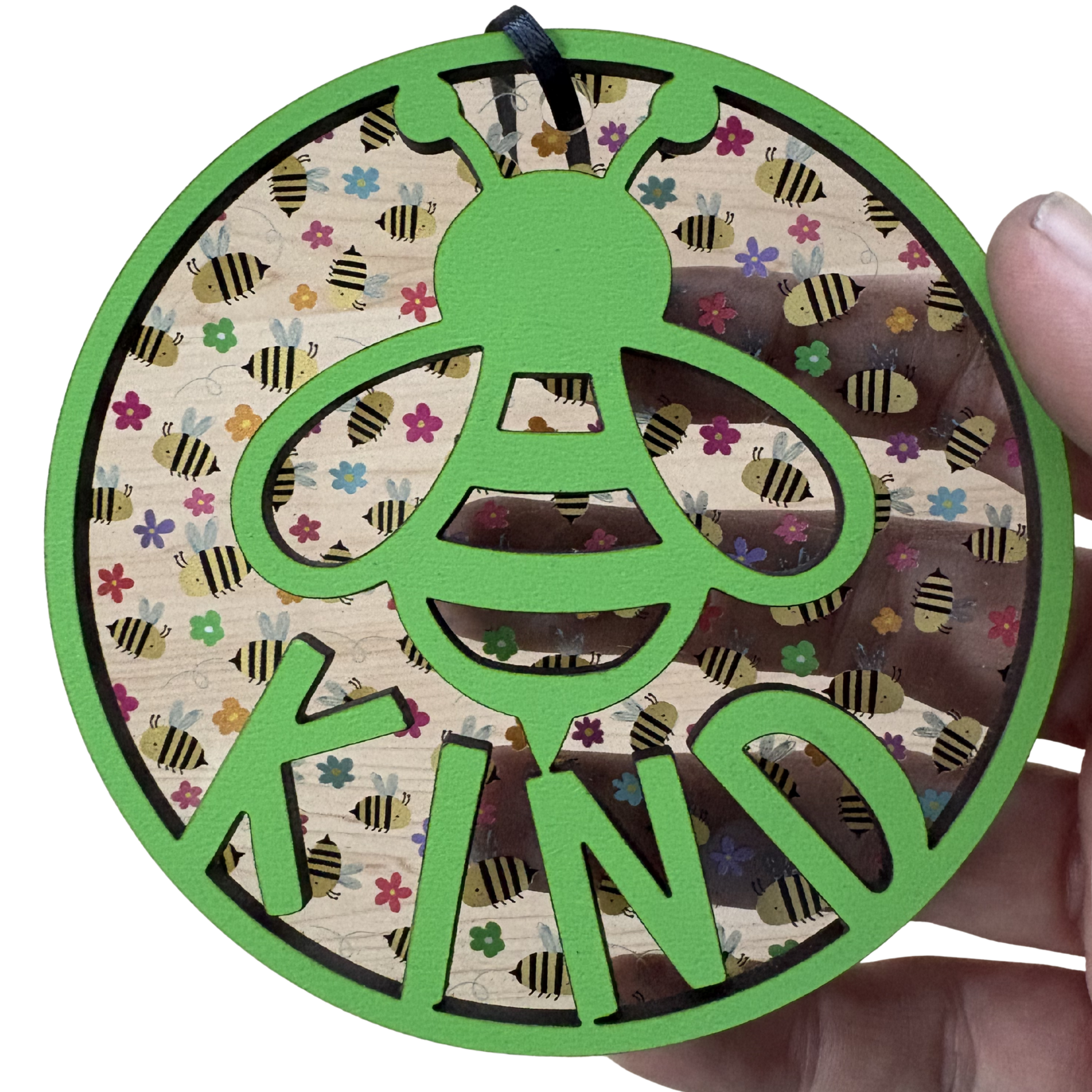 Layered wood and acrylic Bee Kind ornament medal featuring intricate design and vibrant colors by virtualrunevent.