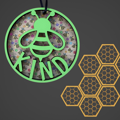 Layered wood and acrylic Bee Kind ornament in a medal design by Virtual Rune Event, showcasing intricate details and textures.