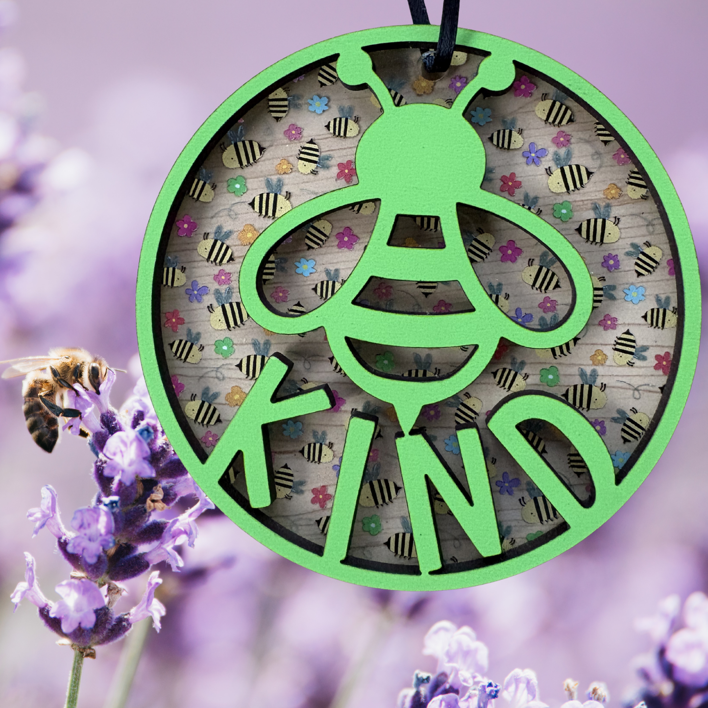 Layered wood and acrylic Bee Kind ornament featuring a medal design by Virtual Run Event.