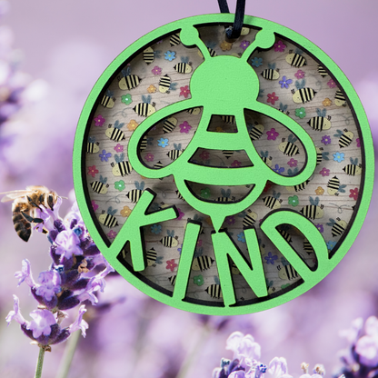 Layered wood and acrylic Bee Kind ornament featuring a medal design by Virtual Run Event.