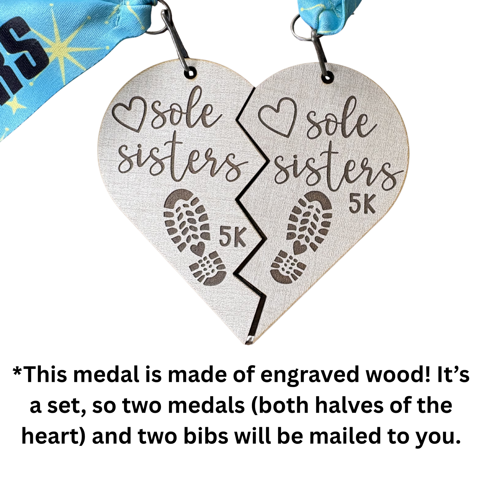 Virtualrunevent Sole Sisters 5K virtual race medal with engraved design and ribbon, celebrating women's running achievement.