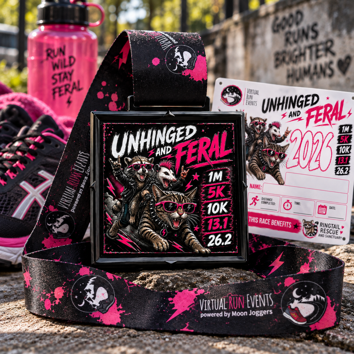 Raccoon-themed medal for the Unhinged and Feral Virtual Race, available in 1M, 5K, 10K, half and full marathon distances.