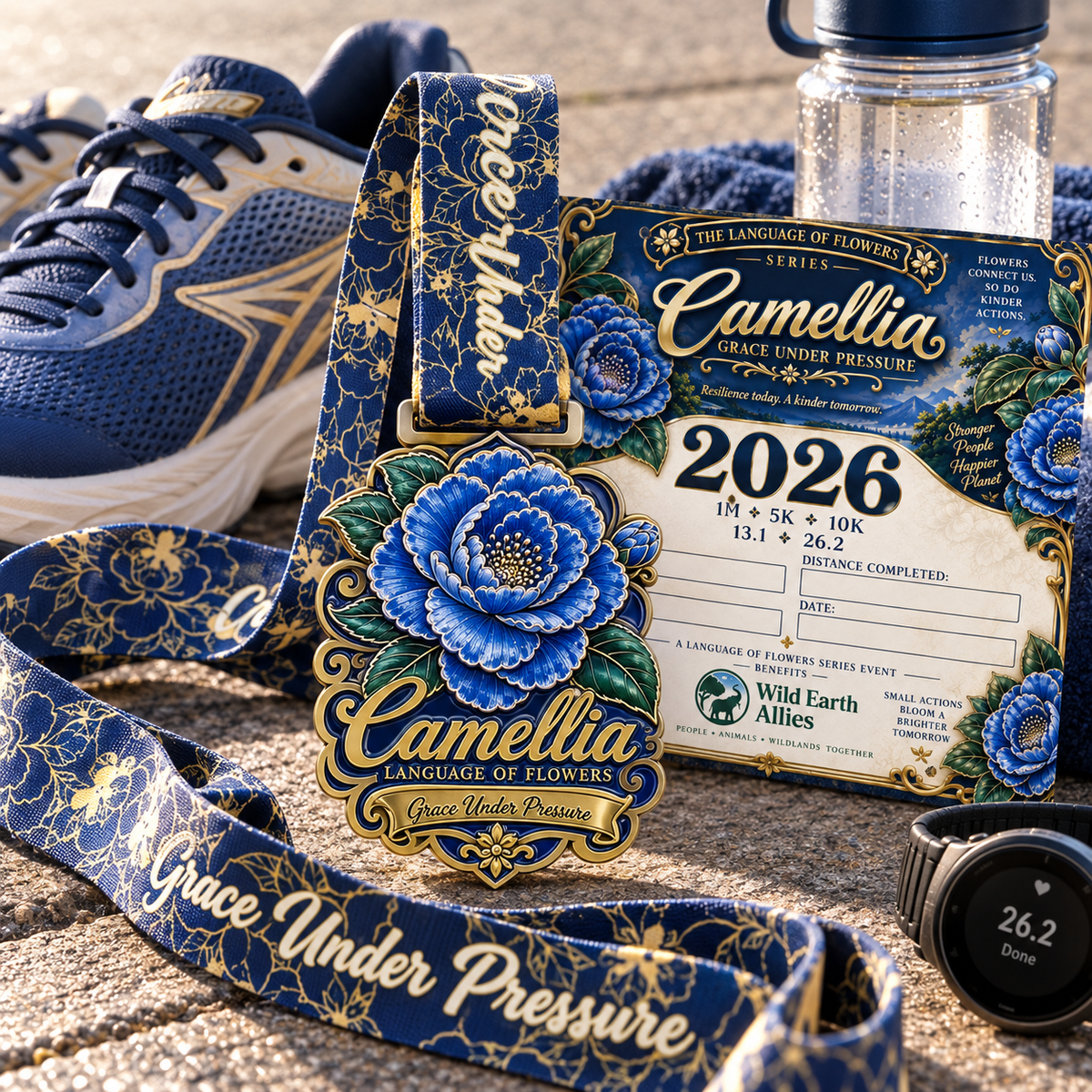 Camellia Virtual Race 2026 virtual run event logo with colorful text for 1M, 5K, 10K, and more distances.