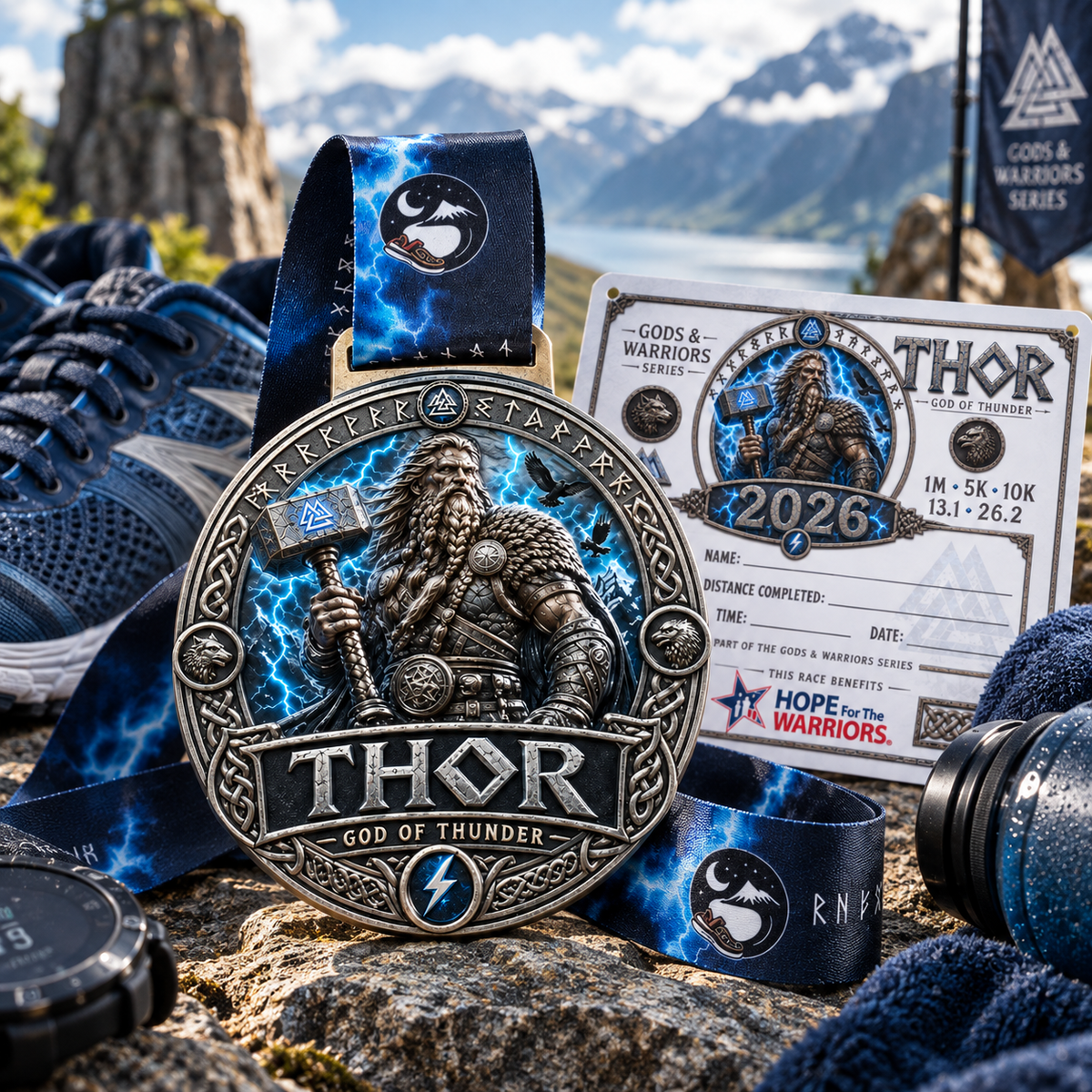 Norse mythology Thor virtual race medal featuring Thor's hammer, designed for 5K, 10K, half marathon, and marathon virtual events.