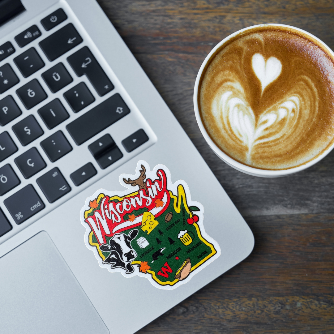 Wisconsin medal sticker by Virtual Run Event featuring the outline of Wisconsin in vibrant colors.