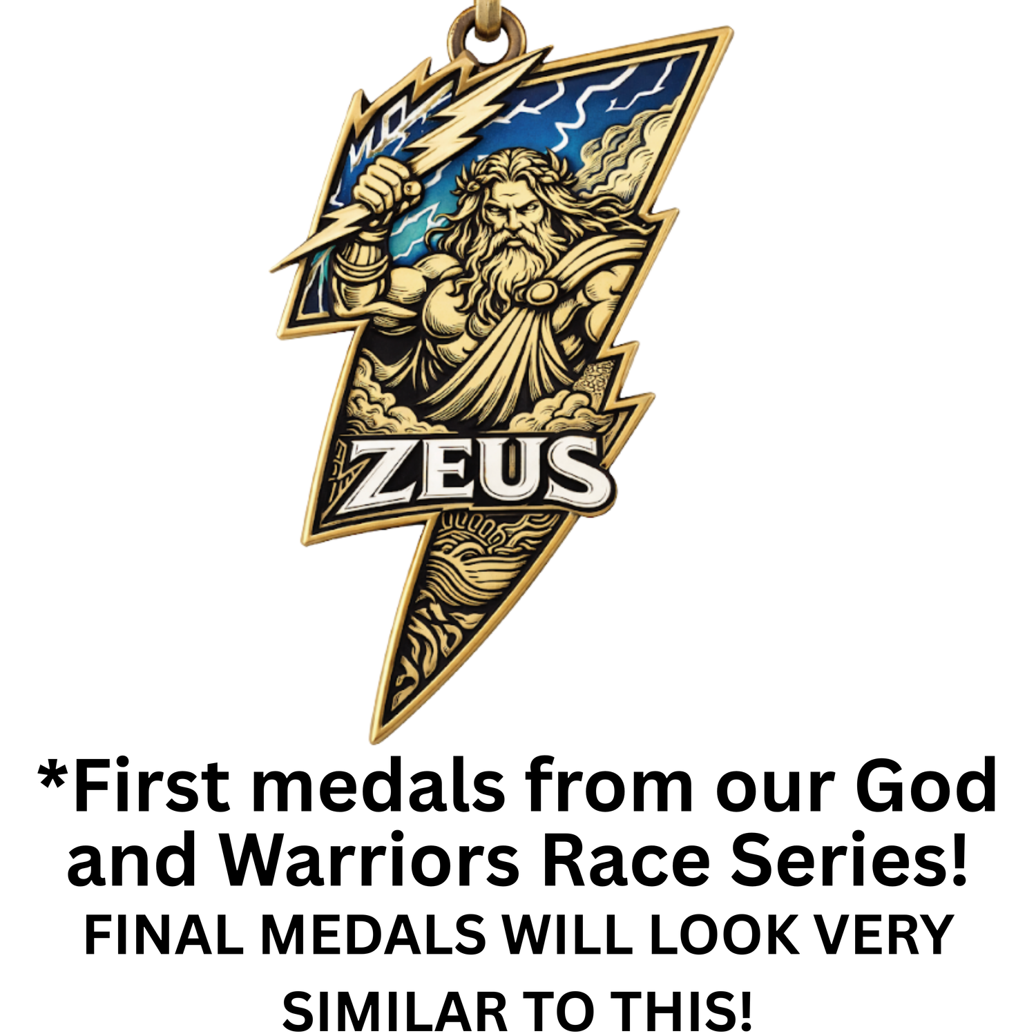 Zeus Race 2026 medal from Gods & Warriors Virtual Running Series, featuring a detailed design with mythological gods and warriors.