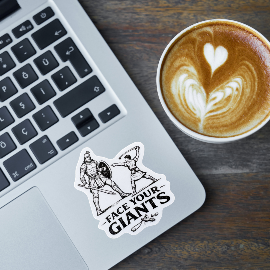 Medal sticker featuring "Face Your Giants" design by VirtualRunEvent, with bold text and vibrant colors on a clear background.