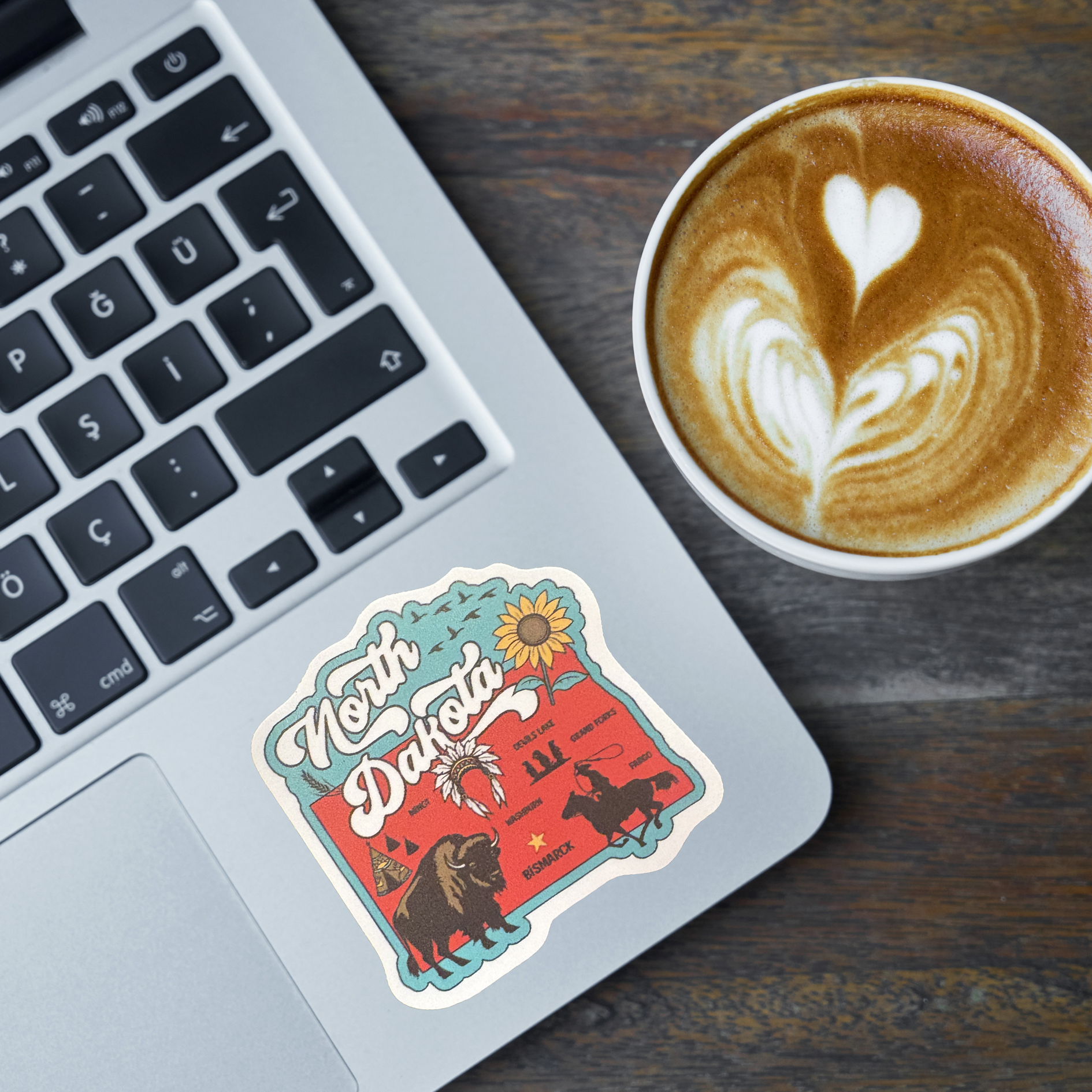 North Dakota medal sticker from VirtualRuneEvent featuring a colorful design with state outline and decorative elements.