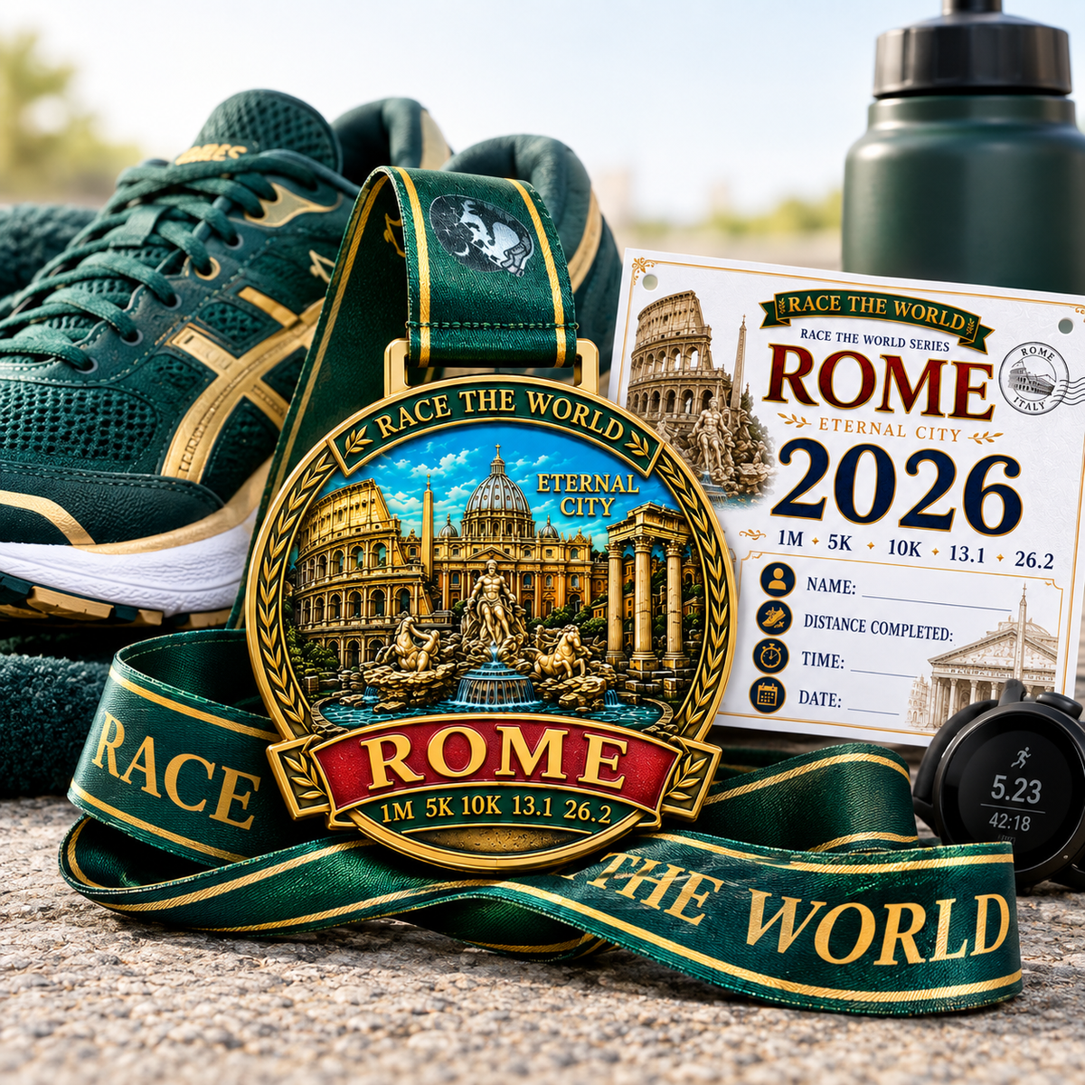 Rome Virtual Race medal for 5K, 10K, Half Marathon, and Marathon travel challenge by virtualrunevent, featuring iconic landmarks.