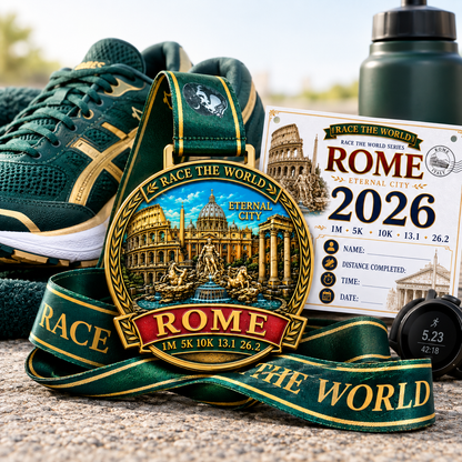 Rome Virtual Race medal for 5K, 10K, Half Marathon, and Marathon travel challenge by virtualrunevent, featuring iconic landmarks.