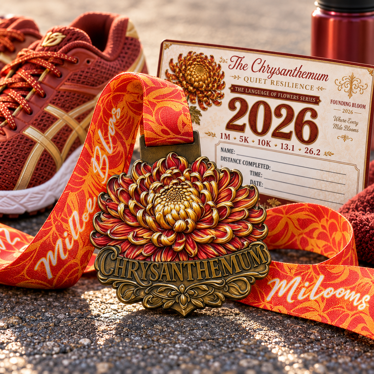 Chrysanthemum Virtual Race medal featuring colorful flower design for 5K, 10K, Half Marathon, and Marathon challenges.