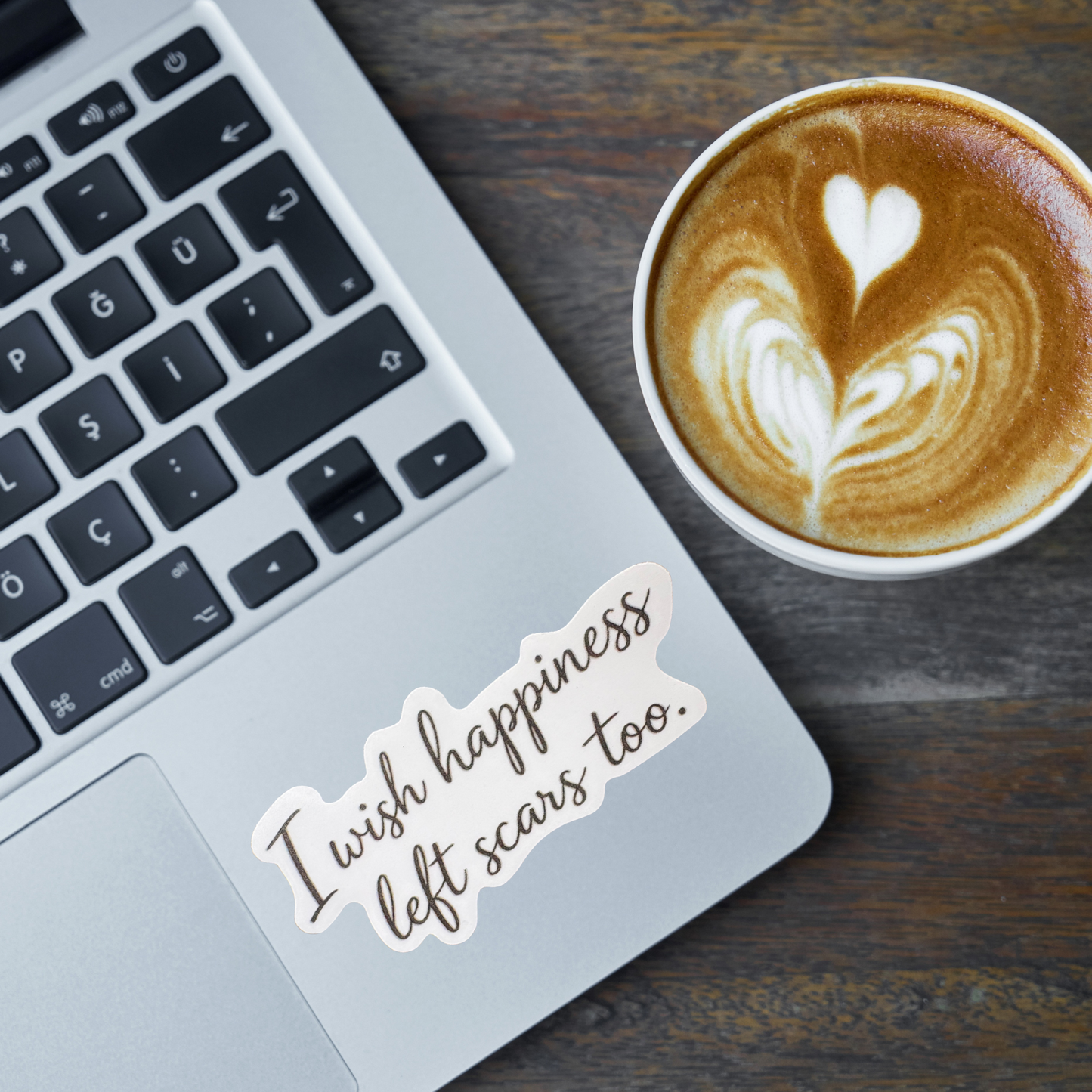 Virtualrunevent I Wish Happiness Left Scars Too medal sticker with motivational design and bold text on a white background.