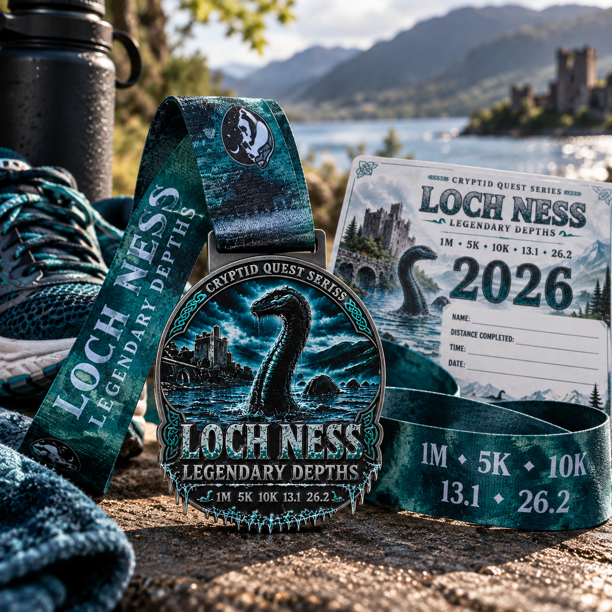 Medal for Loch Ness Legendary Depths Virtual Race 2026 from Cryptid Quest Series, featuring a detailed Loch Ness monster design.