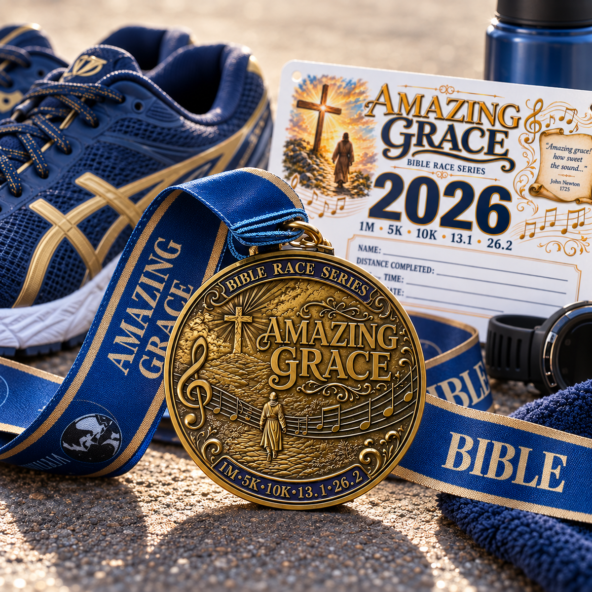 Virtualrunevent Amazing Grace Christian 5K medal featuring a colorful design with religious symbols and race details.