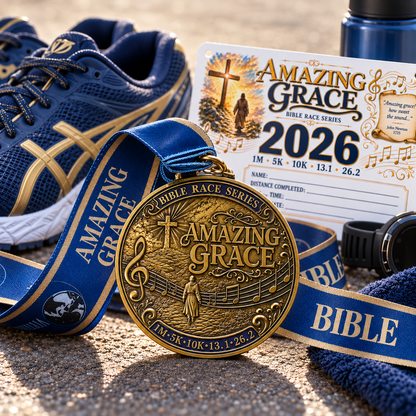 Virtualrunevent Amazing Grace Christian 5K medal featuring a colorful design with religious symbols and race details.