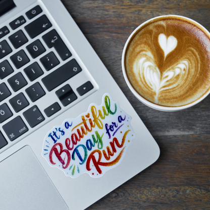 Virtualrunevent "Beautiful Day for a Run" medal sticker featuring a colorful design, perfect for runners and outdoor enthusiasts.