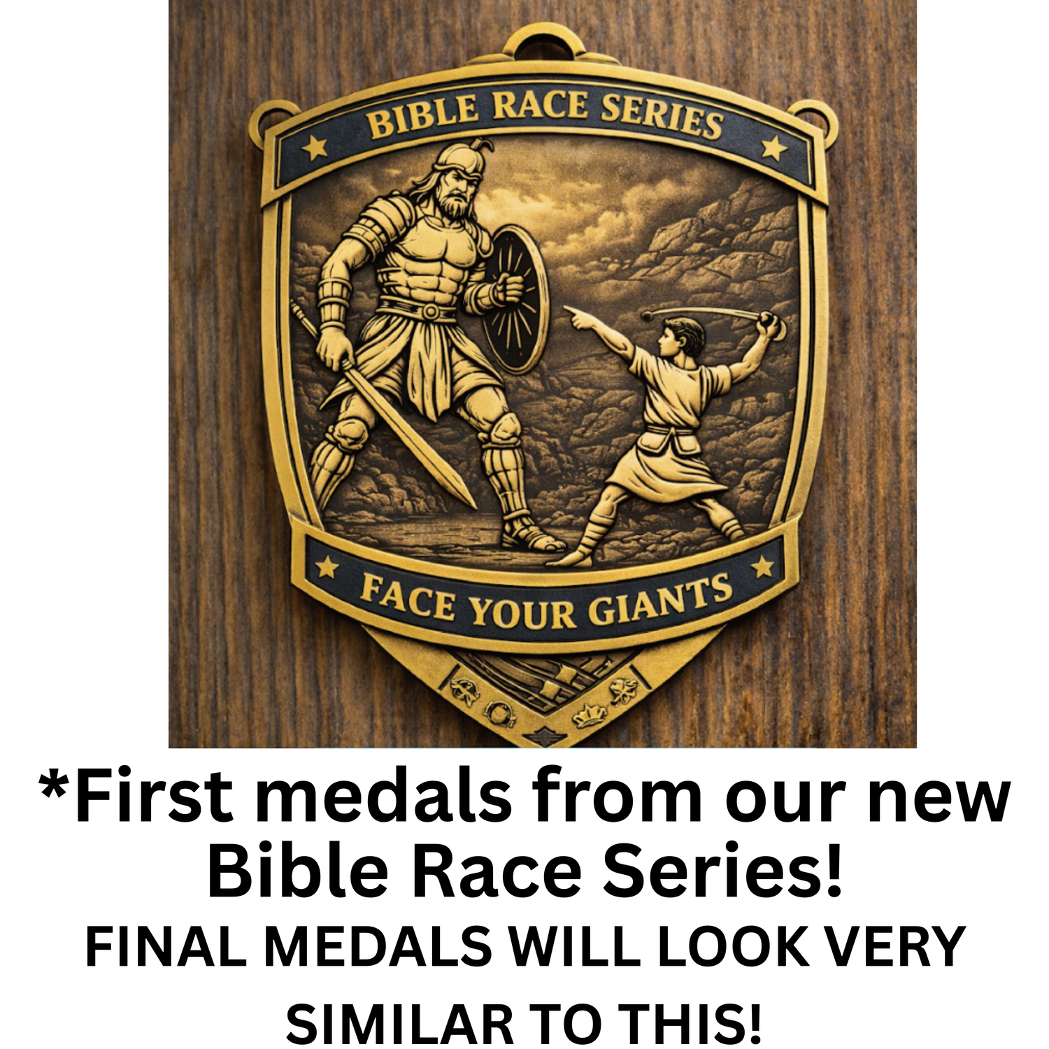 Christian virtual run medal for the Face Your Giants Race 2026 by virtualrunevent, featuring a detailed design and inspirational imagery.