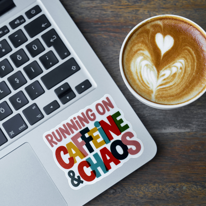 Virtual Rune Event medal featuring a "Running on Caffeine and Chaos" sticker with vibrant design and bold lettering.