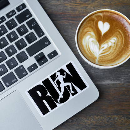 Black and white run-themed medal sticker with "RUN" text, ideal for virtual running events.