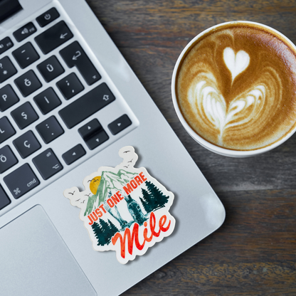 Virtualrunevent "Just One More Mile" sticker featuring bold text on a colorful background for motivational motivation.
