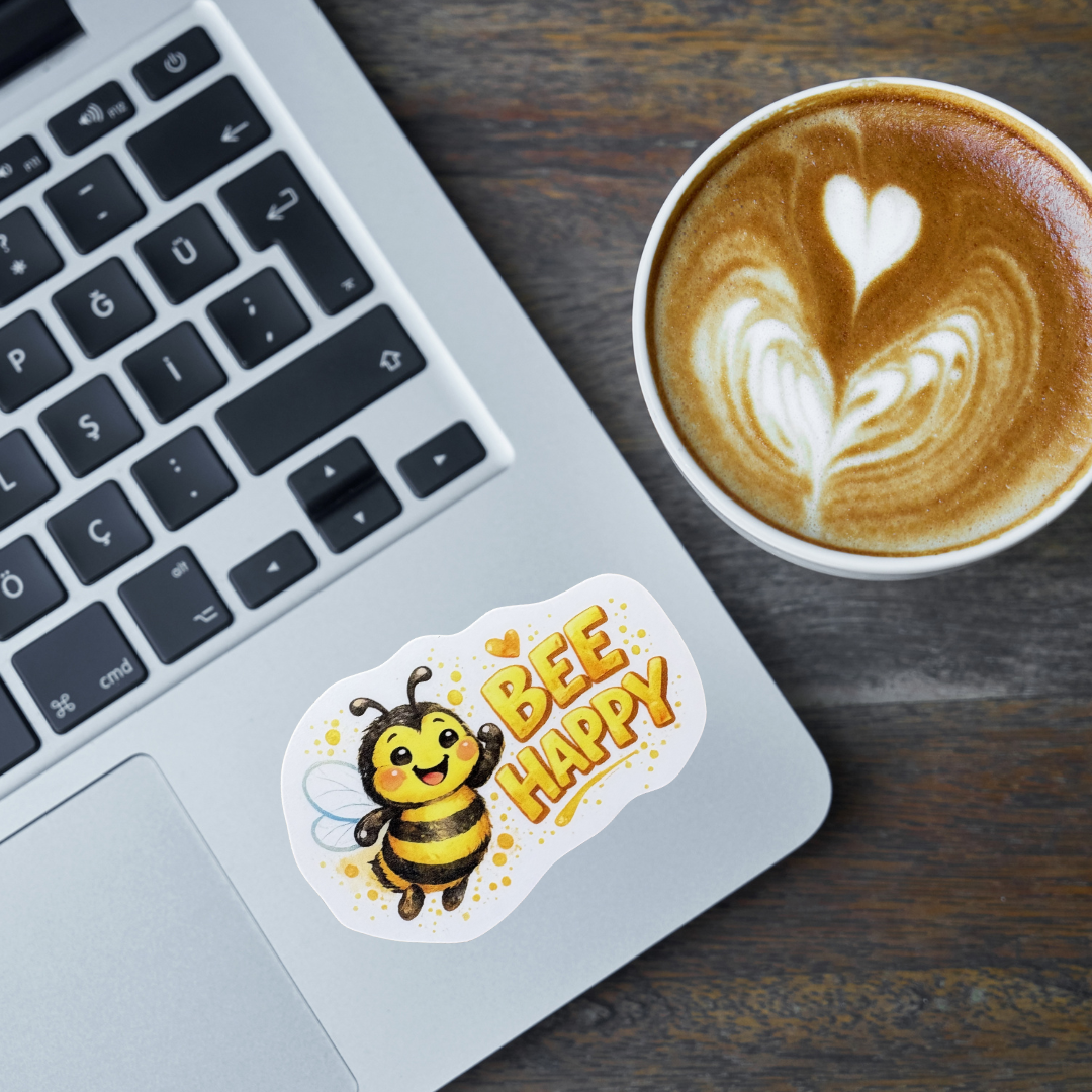 VirtualRunEvent Bee Happy medal sticker featuring a cheerful bee design, perfect for decorating or collecting.