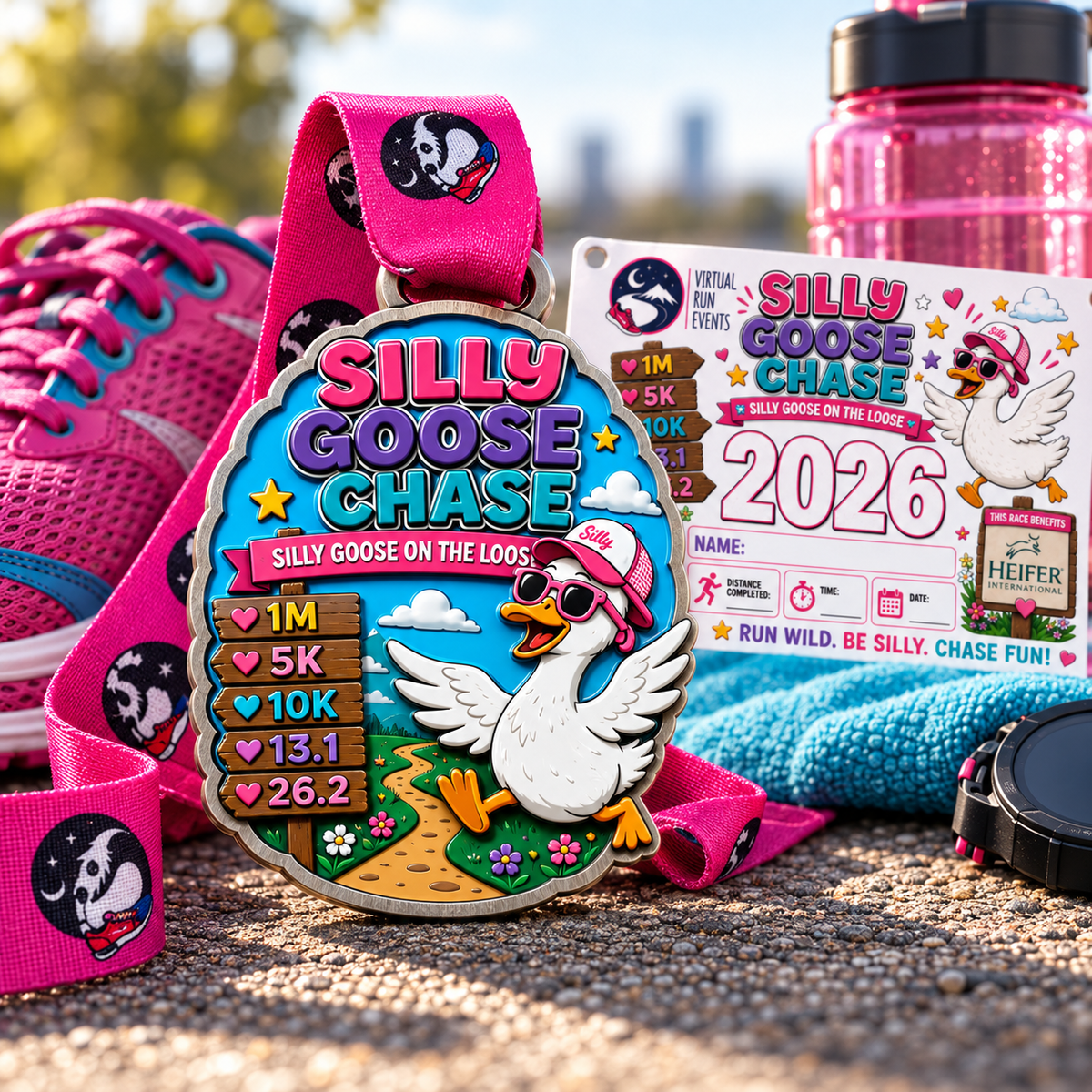 Virtualrunevent Silly Goose Chase medal in 1M, 5K, 10K, half marathon, and marathon sizes, featuring a colorful goose design.