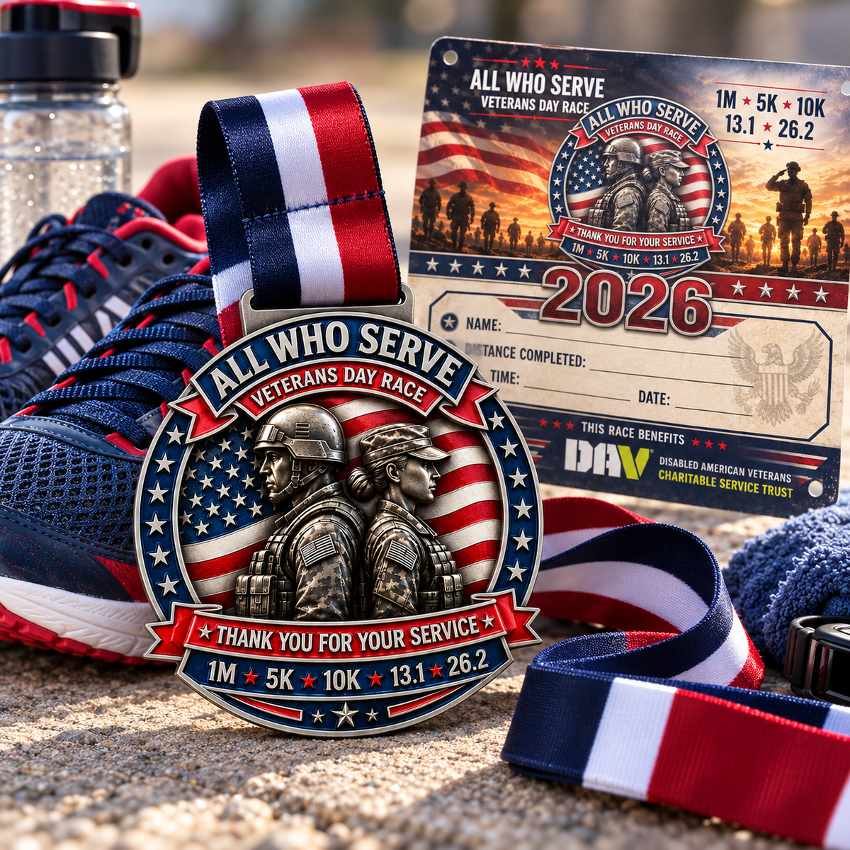 Veterans Day Virtual Race 2026 medal from virtualrunevent, featuring a patriotic design for 1M, 5K, 10K, Half Marathon & Marathon.