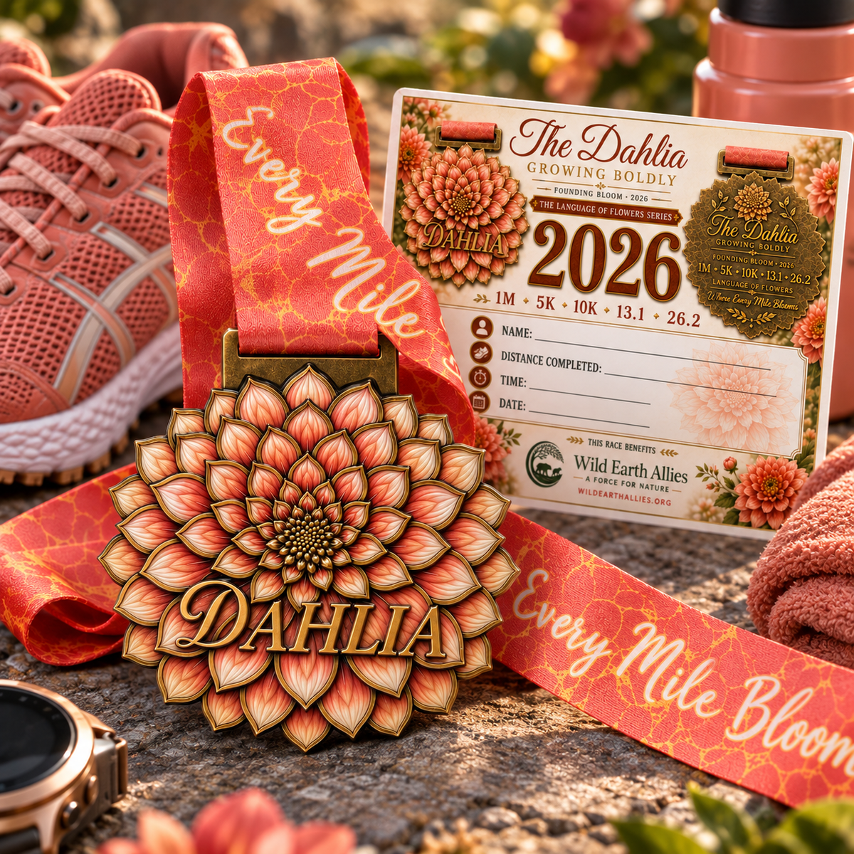 Dahlia Virtual Race logo featuring colorful flower graphics for 5K, 10K, Half Marathon, and Marathon challenges by virtualrunevent