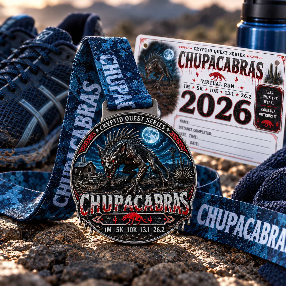 Chupacabras Virtual Race 2026 medal featuring cryptid design for 1M, 5K, 10K, half marathon, and marathon races.