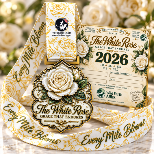 White Rose – Grace That Endures Virtual Race 2026 medal featuring a white rose design and engraved event details.
