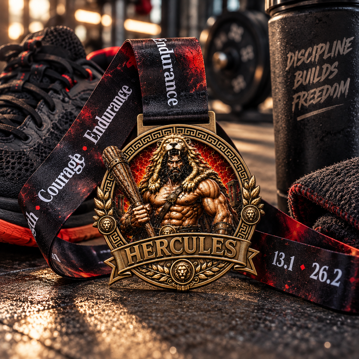 Hercules Virtual Race medal featuring Greek mythology design for 5K, 10K, Half Marathon, and Marathon events.