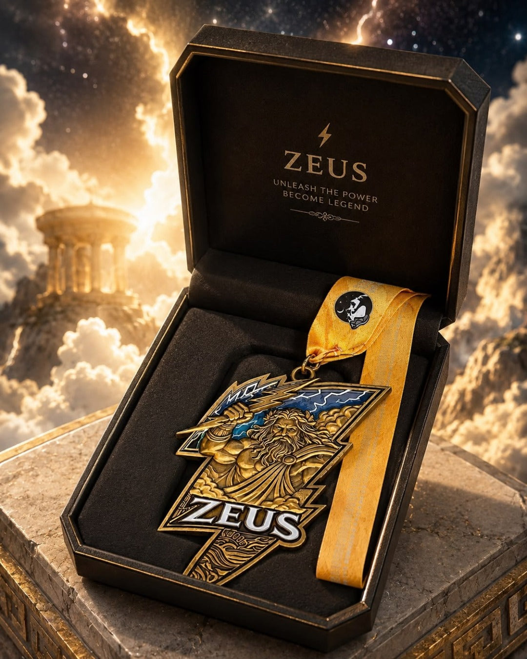 Zeus Race 2026 medal from Gods & Warriors Virtual Running Series by virtualrunevent, featuring a detailed design with mythological motifs.