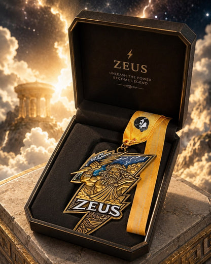 Zeus Race 2026 medal from Gods & Warriors Virtual Running Series by virtualrunevent, featuring a detailed design with mythological motifs.