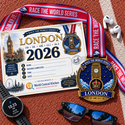 London Virtual Race medal for 5K, 10K, Half Marathon, and Marathon travel challenge with virtualrunevent branding.