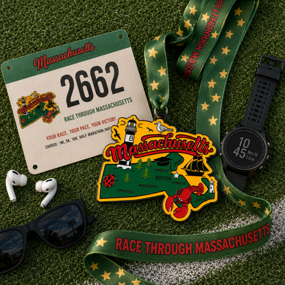 Massachusetts race medal and bib for 1M, 5K, 10K, 13.1, and 26.2 marathon from VirtualRunEvent laid flat.