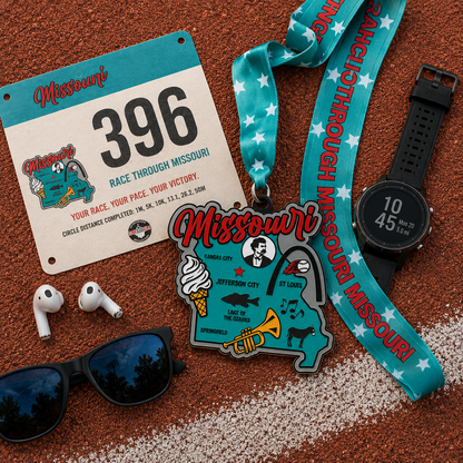 Missouri virtual race medal from VirtualRunEvent, featuring a design celebrating the 5K, 10K, half marathon, and 50-mile challenge.