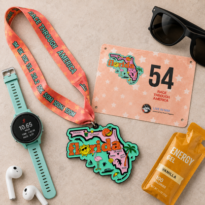 Virtualrunevent medal and race bib for Florida race, featuring colorful design and event details on the flat lay image.