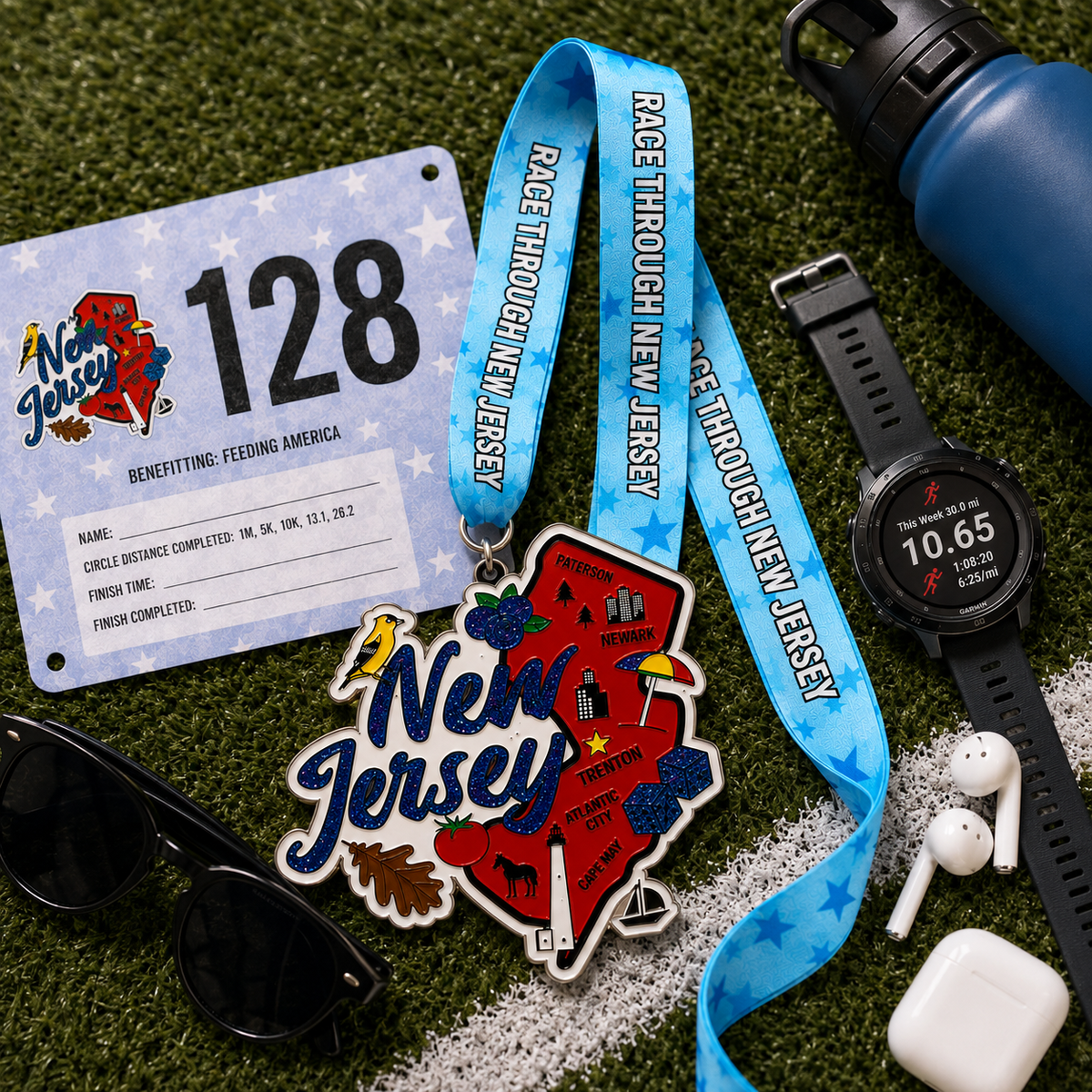 Silver Race Through New Jersey virtual race medal with engraved event details and a colorful ribbon.