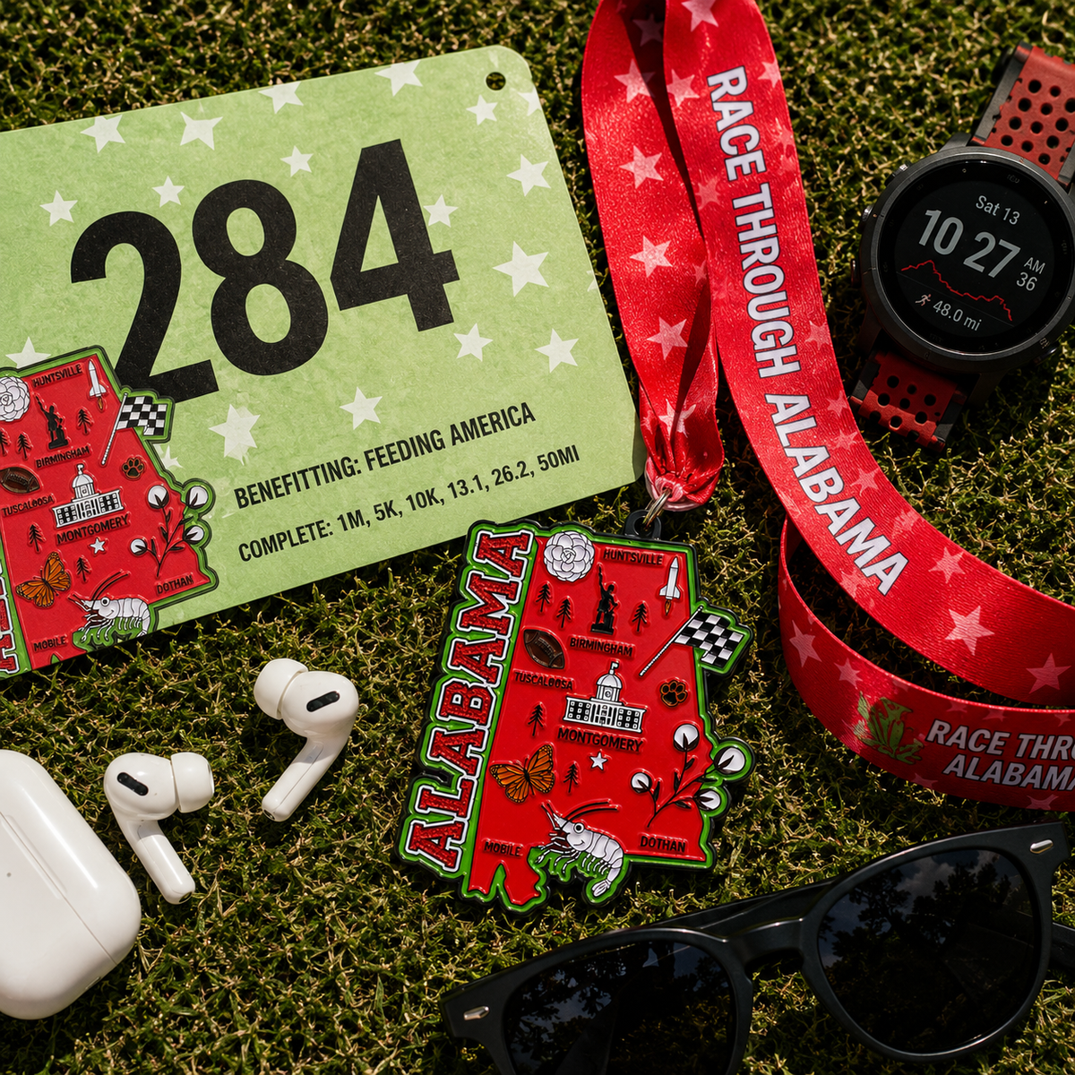 VirtualRunEvent Alabama Race medal with colorful design, featuring race name and distance options for 5K, 10K, half marathon, and 50 mile challenge