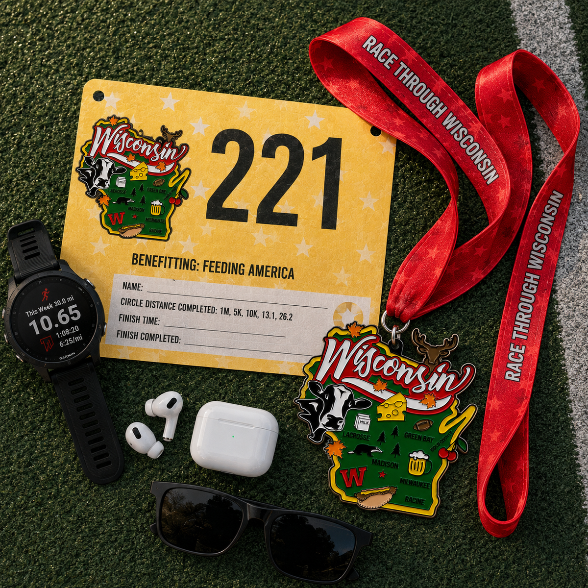 Virtualrunevent Race Through Wisconsin medal with colorful Wisconsin map design and engraved race details.