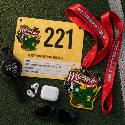 Virtualrunevent Race Through Wisconsin medal with colorful Wisconsin map design and engraved race details.
