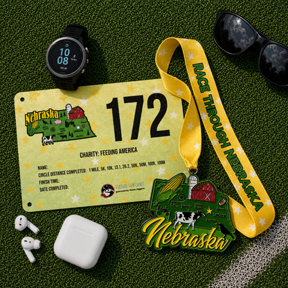 Race Through Nebraska 1M 5K 10K 13.1 26.2 Medal and Bib