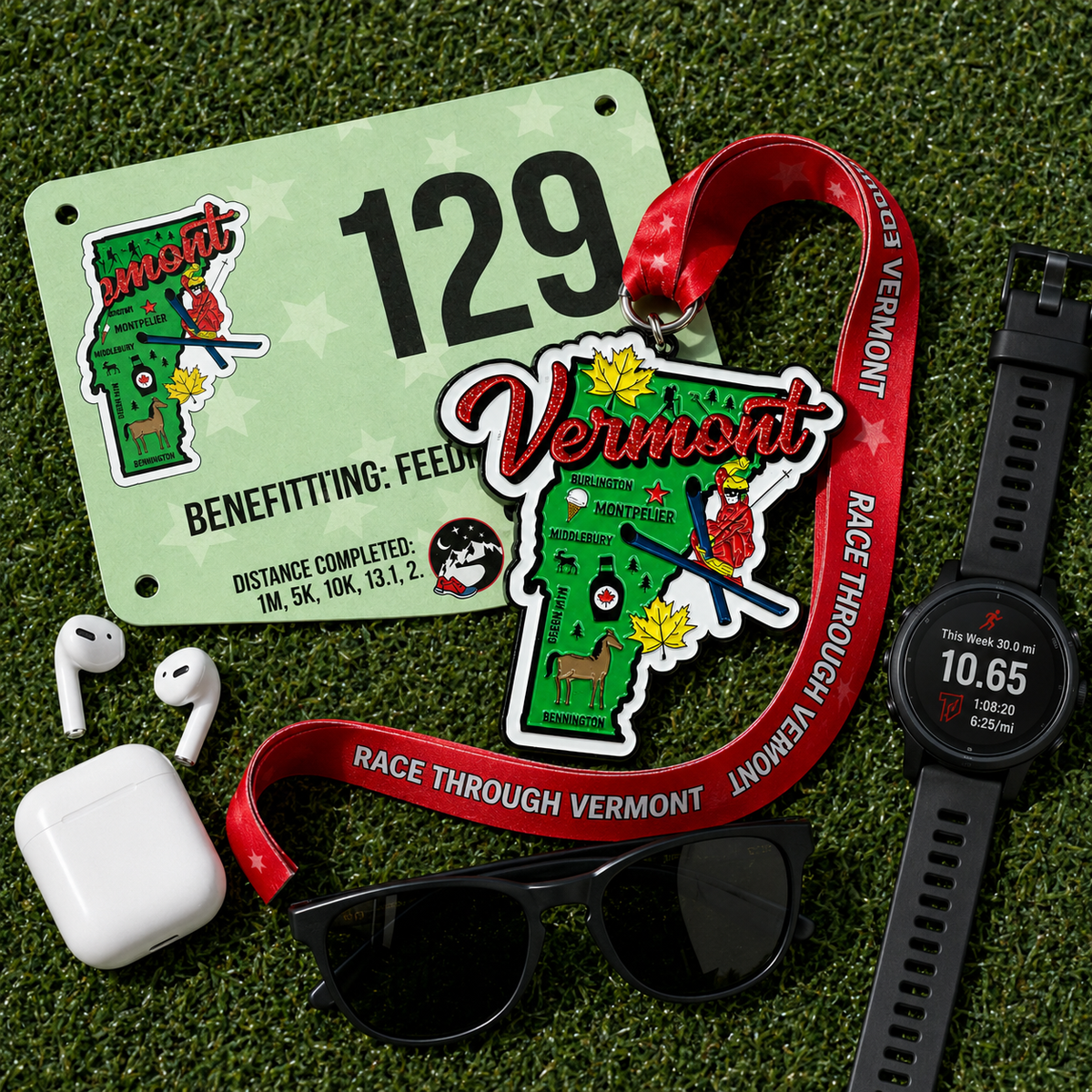 Vermont Virtual Race medal from VirtualRunEvent for 5K, 10K, Half Marathon, or Marathon, shown with race bib and medal.