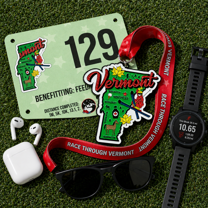Vermont Virtual Race medal from VirtualRunEvent for 5K, 10K, Half Marathon, or Marathon, shown with race bib and medal.