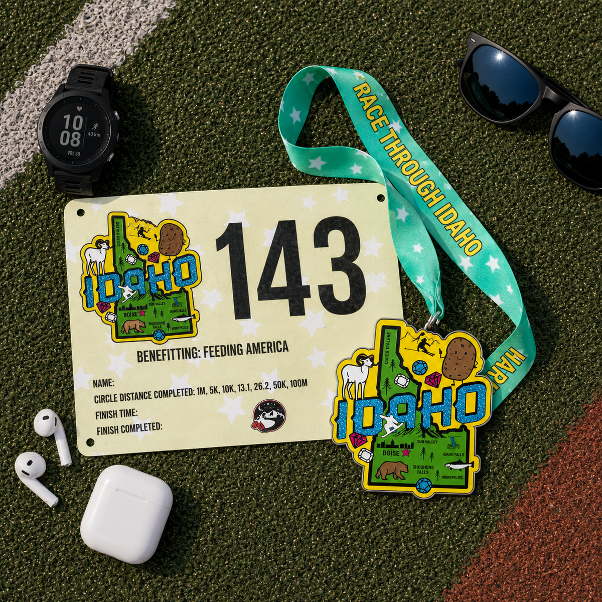 Virtualrunevent Idaho Race medal displayed on a flat lay with race bib, celebrating 5K, 10K, Half Marathon, and 50 Mile Challenge.