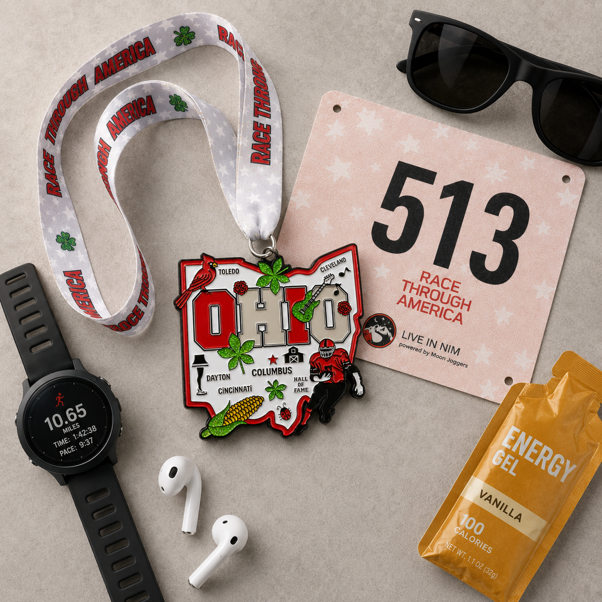 Virtualrunevent Race Through Ohio medal and bib laid flat, showcasing the race medal with Ohio-themed design and a numbered race bib.