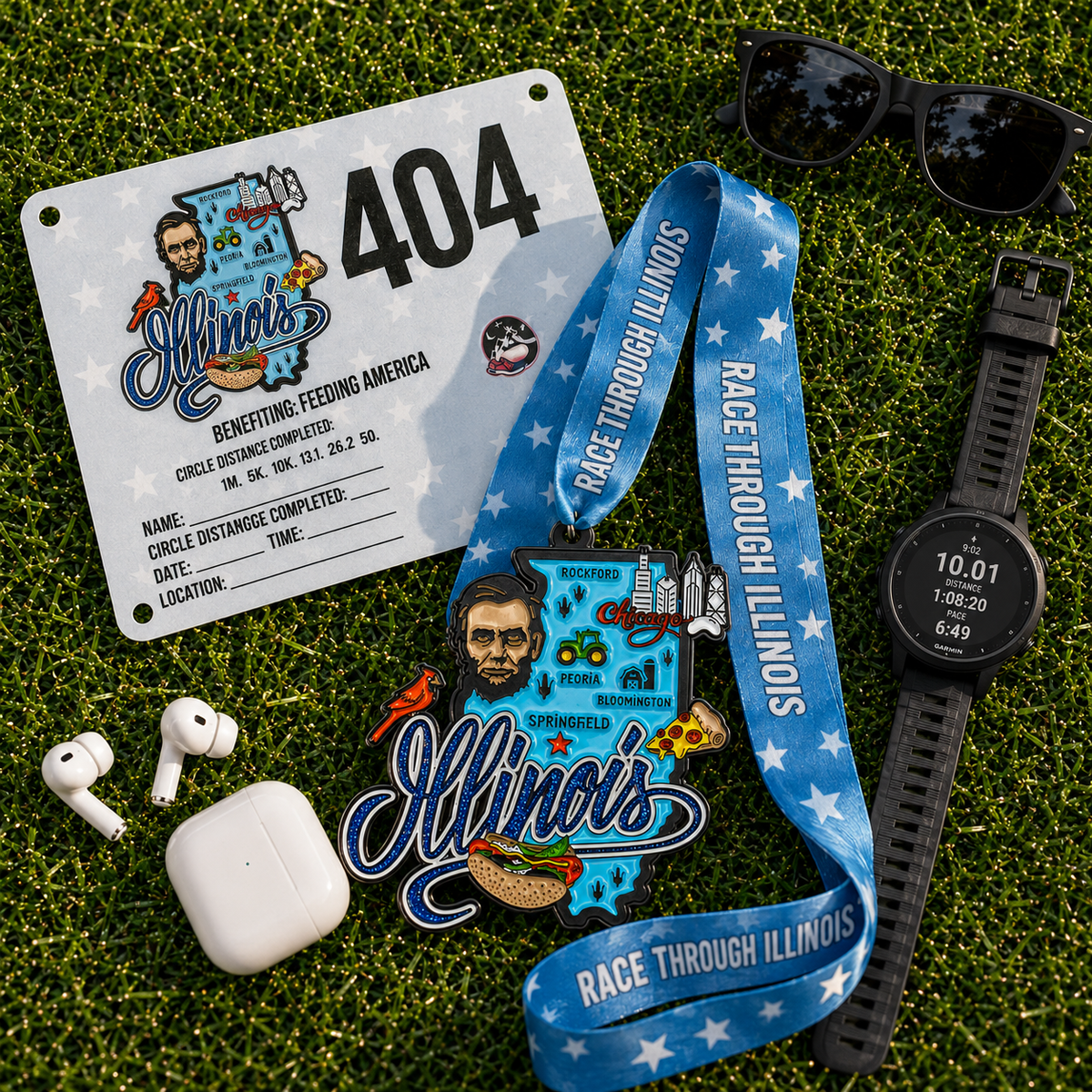 Virtualrunevent Illinois race medal for 5K, 10K, half marathon, and 50-mile challenge, featuring a colorful design and race details.