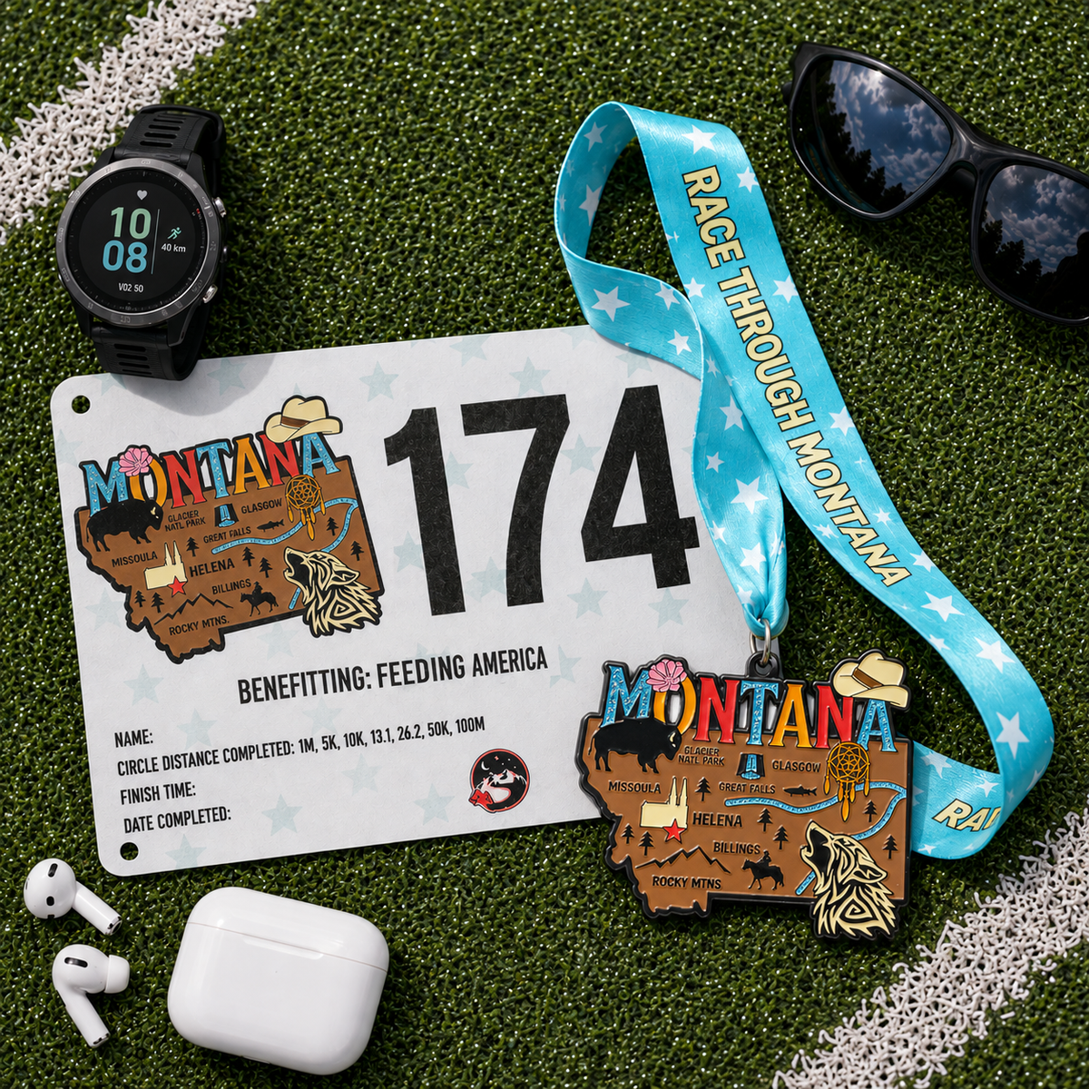 Virtualrunevent Race Through Montana medal with colorful design, laid flat, celebrating 5K, 10K, half marathon, and 50-mile challenges.