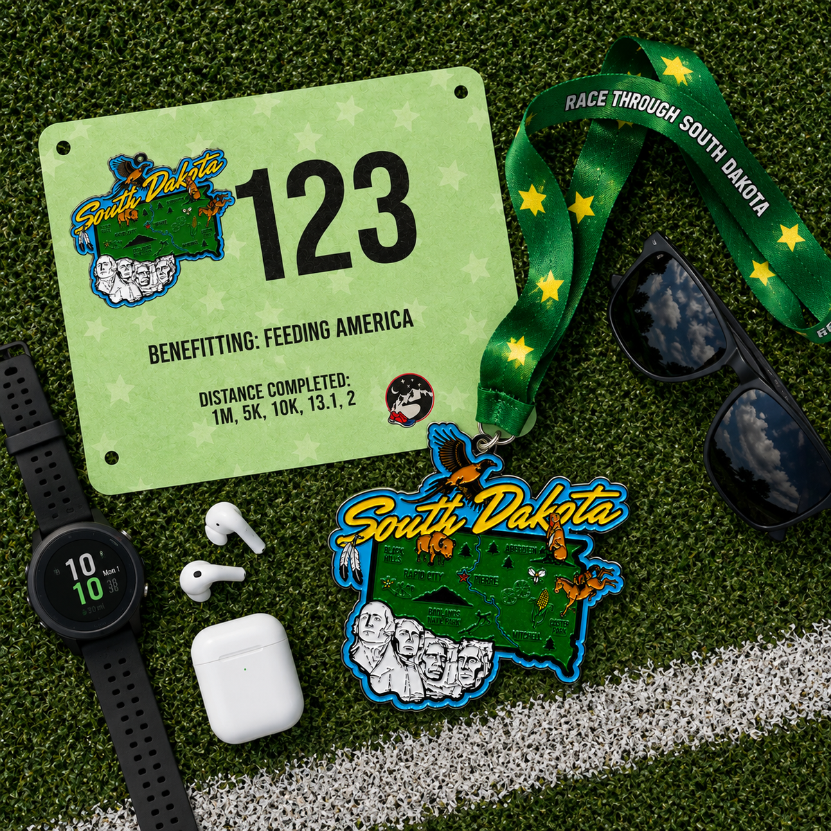 Virtualrunevent Race Through South Dakota medal with race bib laid flat, showcasing the design and branding for 5K to marathon virtual race.