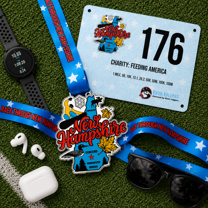 Virtualrunevent Race Through New Hampshire medal and bib flat lay featuring a colorful medal and race bib for 1M, 5K, 10K, 13.1, and 26.2 distances